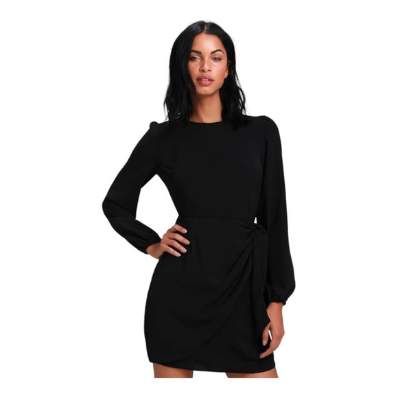 Lulu's Small Believe It Or Not Small Black Long Sleeve Tie Front Skater Dress … - Picture 2 of 9